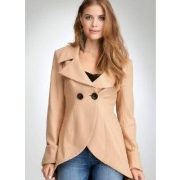 BEBE Blazer Women's XS Camel Wool Blend Tulip Hem Fitted Jacket Button Detail - Picture 2 of 13